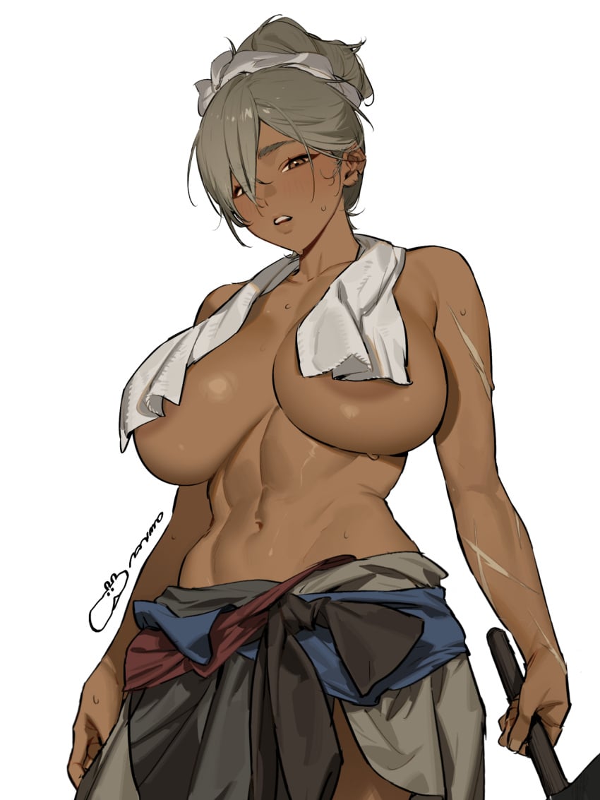 1girl areola_slip blacksmith blush breasts brown_eyes chinese_commentary commentary_request dark-skinned_female dark_skin from_below gebijiade_89 grey_hair highres holding large_breasts looking_at_viewer navel open_mouth original scar scar_on_arm simple_background solo sweat teeth topless_female towel towel_around_neck upper_teeth_only white_background