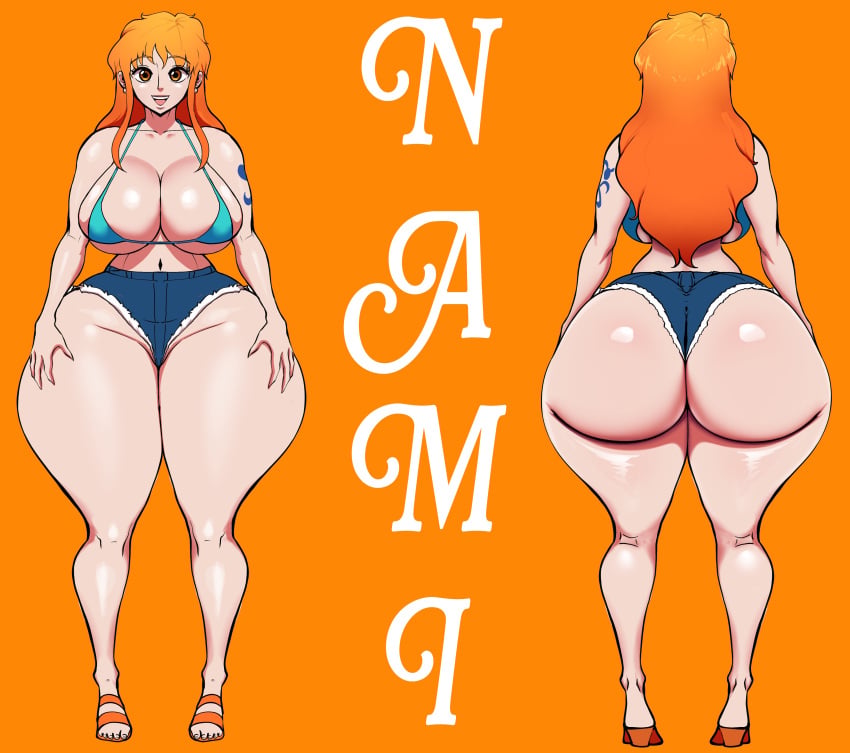1girl 1girls alviriaart ass back_view big_ass big_breasts bikini_top boobs female female_only front_view high_heeled_sandals jean_shorts jorts nami_(one_piece) one_piece orange_hair tattoo tattooed_arm thick_thighs wide_hips