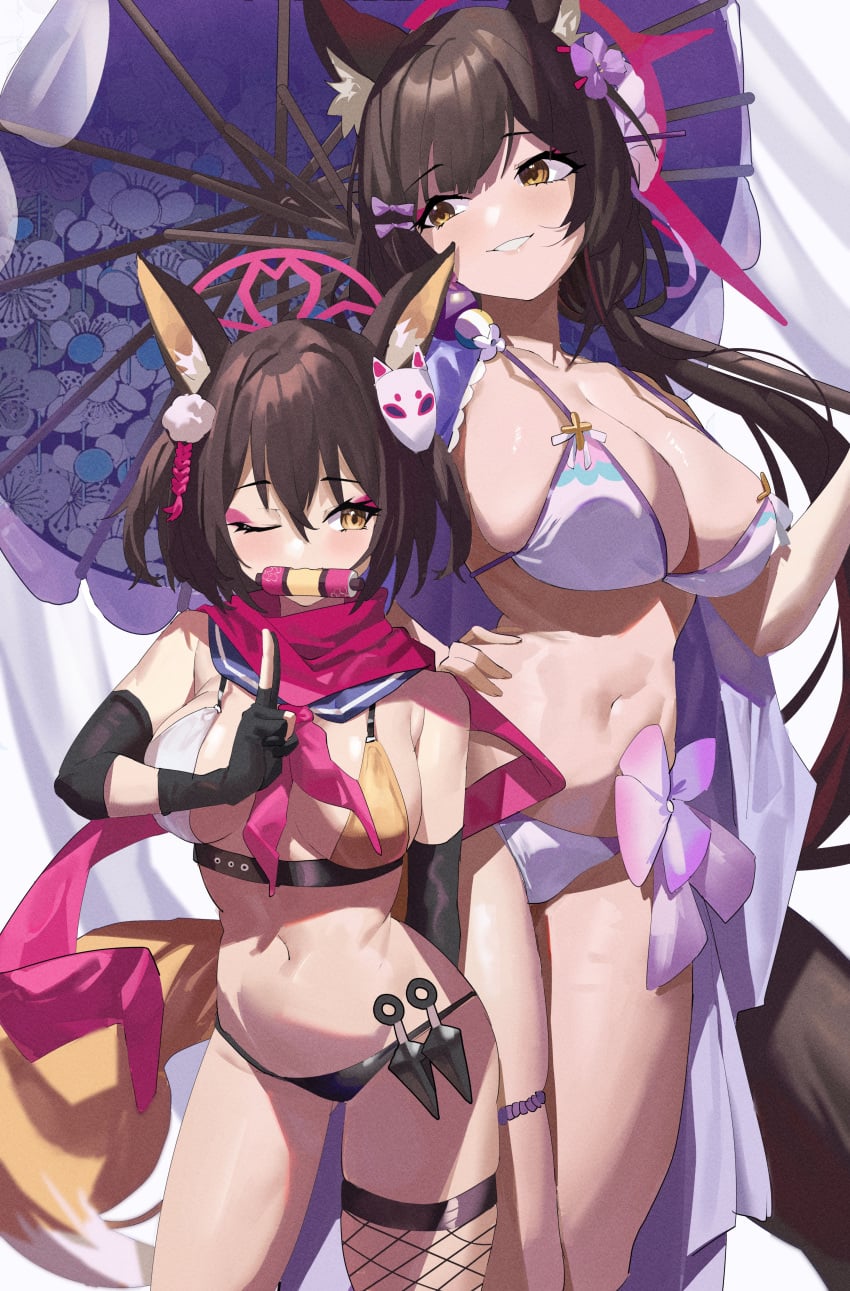 2girls animal_ears big_breasts blue_archive feipin_zhanshi fox_ears fox_girl fox_tail halo izuna_(blue_archive) kunai long_hair ninja one_eye_closed swimsuit umbrella wakamo_(blue_archive) wakamo_(swimsuit)_(blue_archive)