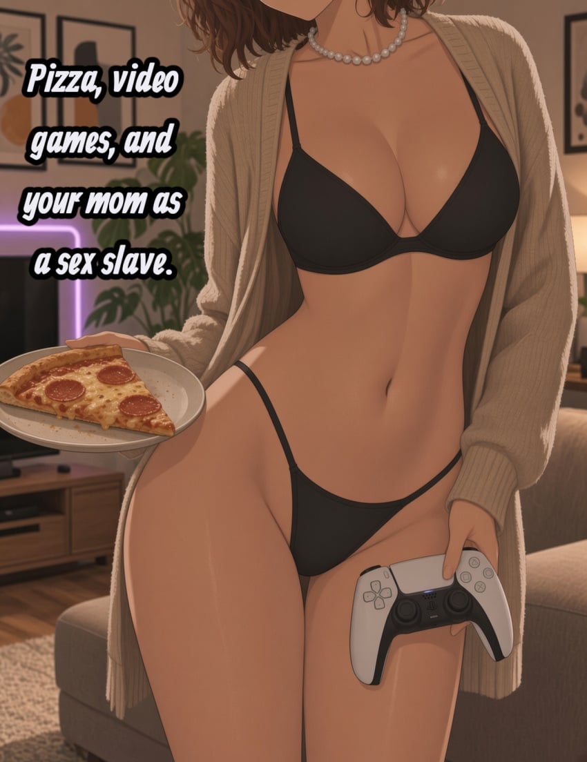 ai_assisted big_breasts black_underwear enfermosic28 milf necklace pizza ps5_controller small_hips small_waist thong your_mom
