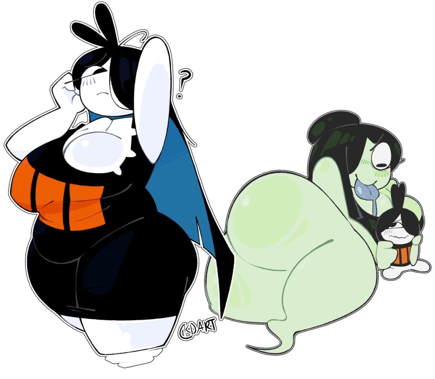 2girls ? ahoge artist_signature black_hair blue_hair blush blushing boobs breasts chubby chubby_female clothing fat_ass floating_head ghost ghost_girl ghost_tail hair_over_one_eye kelvindoesart long_hair neckline nemora_(roockrt) plushie ramone_(roockrt) simple_background tongue tongue_out white_body white_skin wide_hips