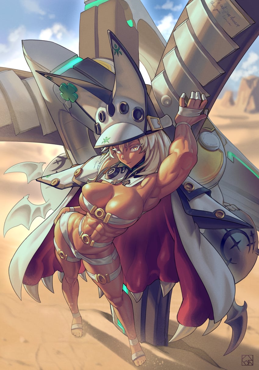1girls amber_eyes barely_clothed blonde_hair dark-skinned_female evanleaves guilty_gear guilty_gear_xrd large_breasts muscular ramlethal_valentine solo tagme wide_hips