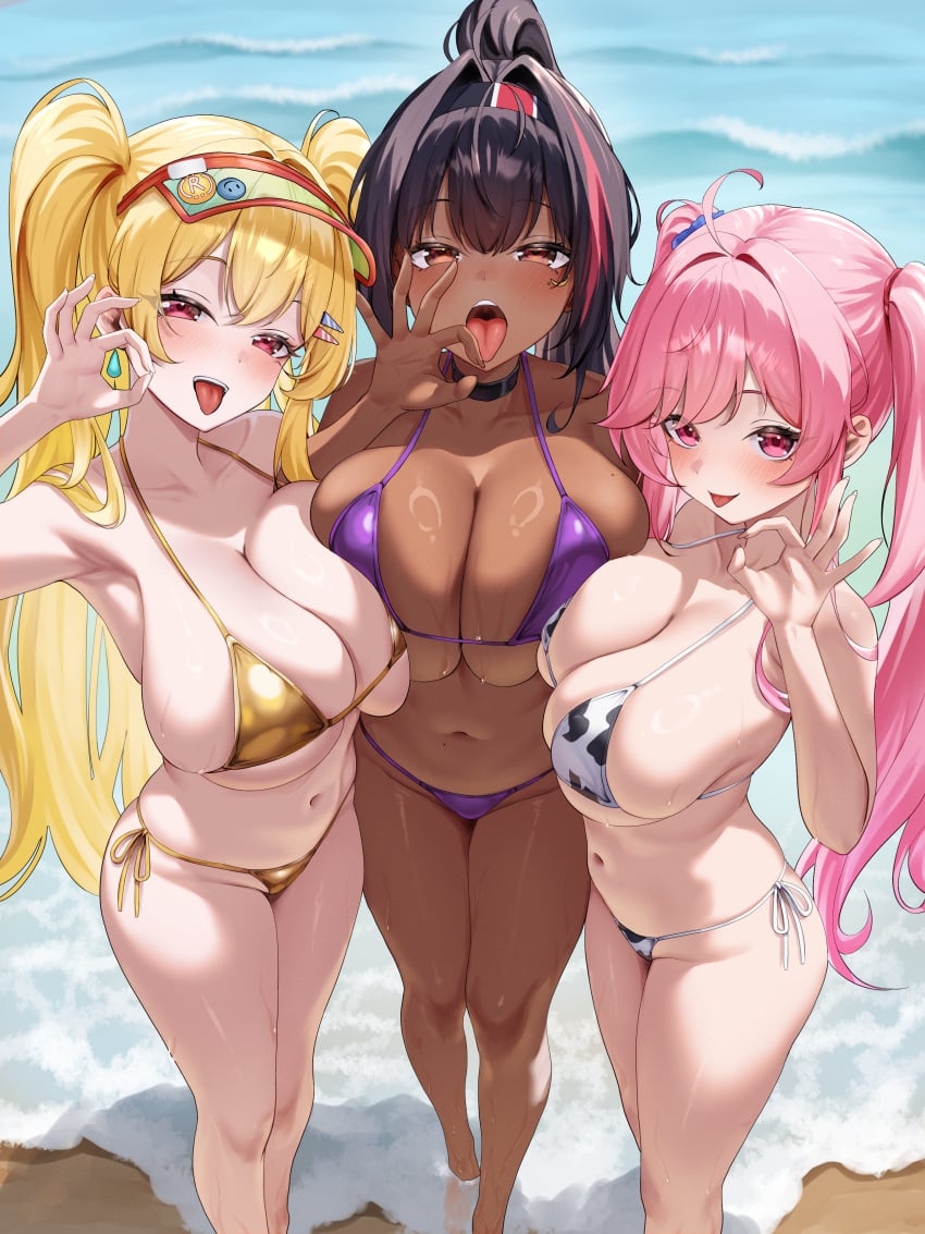 3girls 4ddd absurdres ahoge animal_print badge bare_shoulders barefoot bay_(nikke) beach bemani bikini black_hair blonde_hair blush breasts brown_eyes button_badge choker clay_(nikke) cleavage collarbone commentary commission cow_print cow_print_bikini crossover dark-skinned_female dark_skin day earrings english_commentary fellatio_gesture goddess_of_victory:_nikke gold_bikini hair_intakes halterneck high_ponytail highres jewelry large_breasts long_hair looking_at_viewer multicolored_hair multiple_girls navel ocean open_mouth orange_eyes outdoors pink_eyes pink_hair pixiv_commission ponytail print_bikini purple_bikini rasis red_streaks ring_light_reflection shore side-tie_bikini_bottom smile sound_voltex standing streaked_hair string_bikini swimsuit tongue tongue_out twintails visor_cap water wet white_bikini