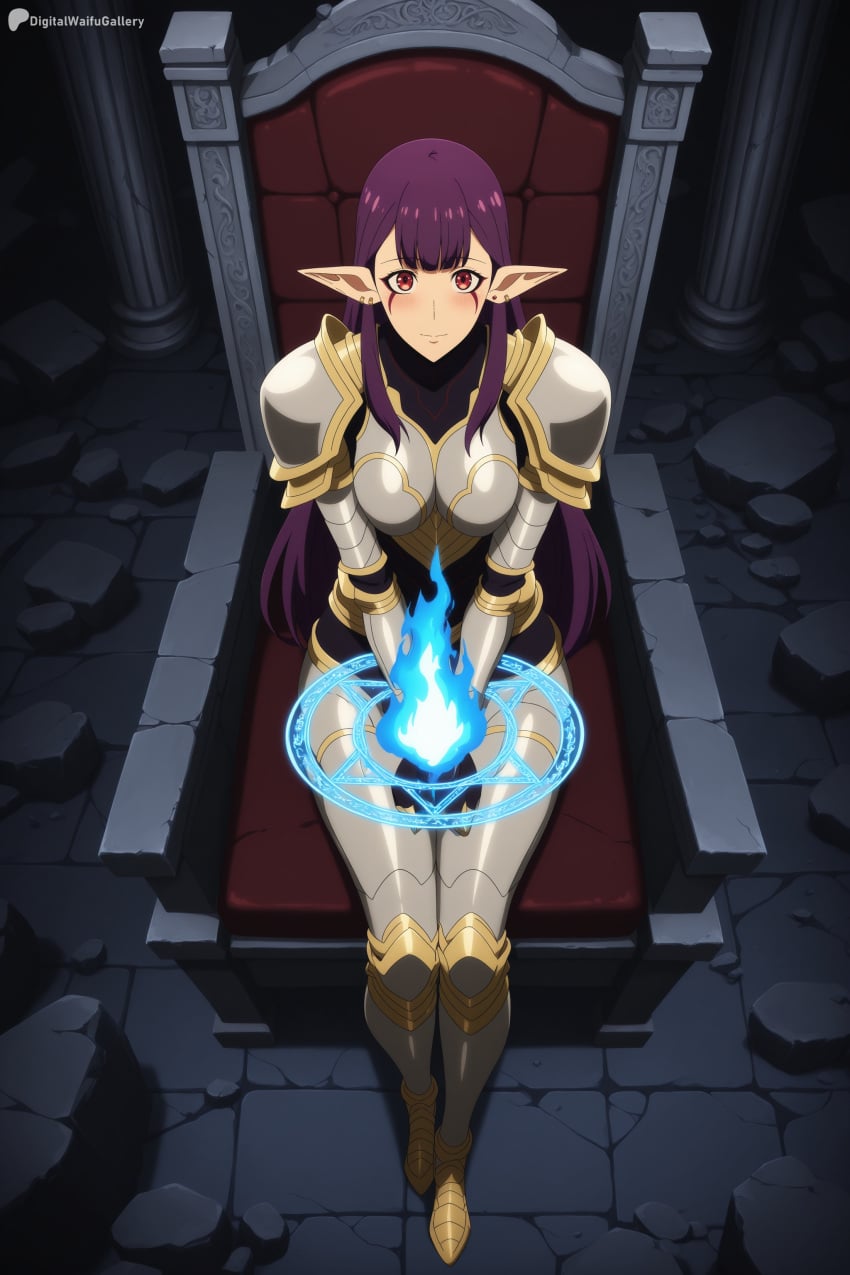 1girl ai_generated armor armored_boots blue_fire blush boots breastplate closed_mouth digitalwaifugallery elf esil_radiru fire full_body gauntlets hi_res high_quality high_resolution long_hair looking_at_viewer magic patreon pauldrons pointy_ears purple_hair red_eyes seductive sexy shoulder_armor sitting solo solo_leveling throne uncensored watermark
