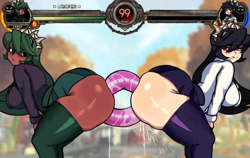 2boys 2girls anal anal_insertion anal_juice anal_penetration black_hair bottomless dark-skinned_female dildo dildo_in_ass dildo_in_pussy dildo_insertion filia_(skullgirls) fukua_(skullgirls) green_hair hummerh194 large_ass large_breasts pussy_juice samson_(skullgirls) shamone_(skullgirls) skirt skullgirls squirting thick_thighs thighhighs vaginal_insertion vaginal_penetration