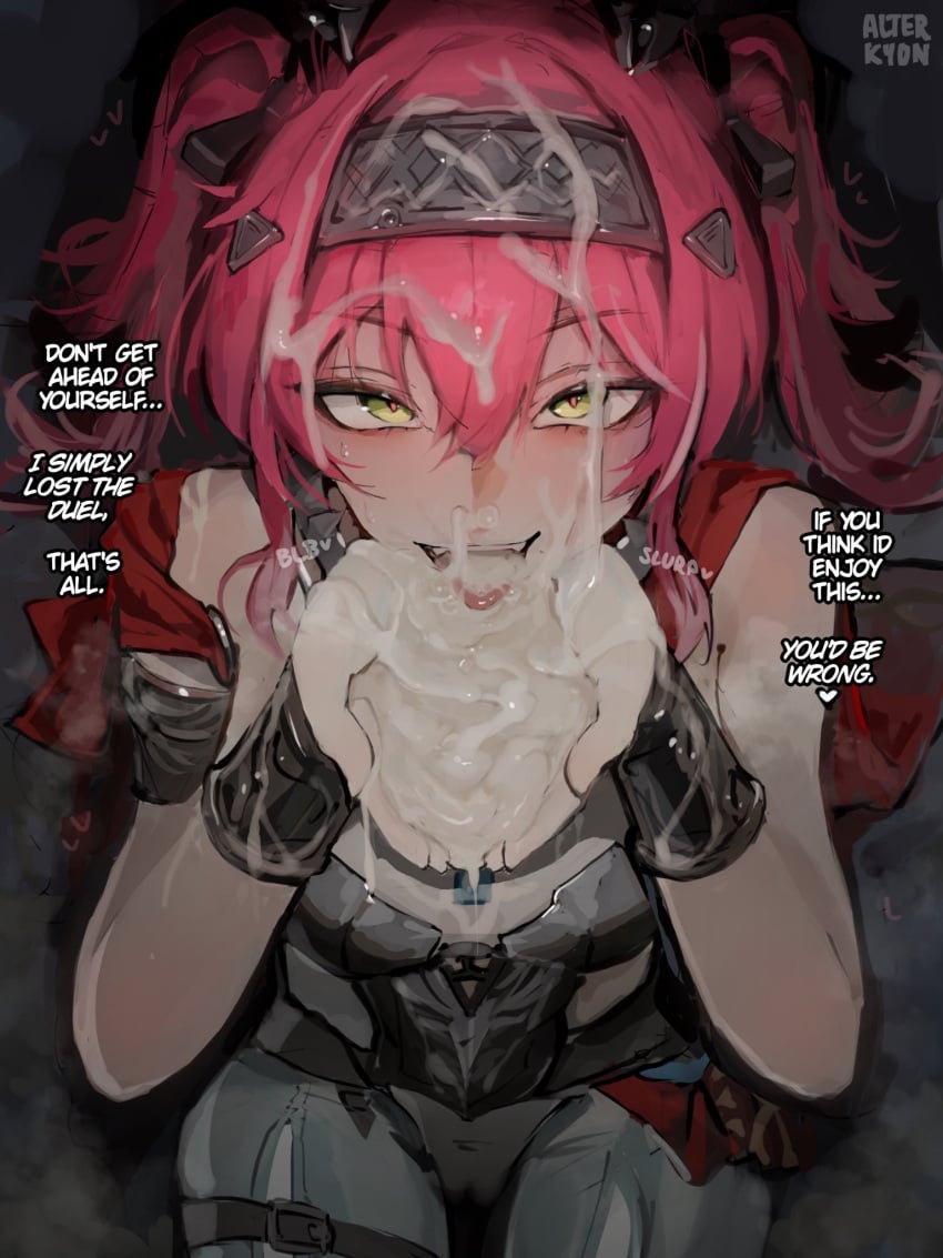 1girl 1girls alterkyon artist_name artist_signature bracelet cum cum_bubble cum_drip cum_in_hair cum_in_mouth cum_in_nose cum_on_face cum_on_hands cupped_hands drinking_cum eating_cum english_text female female_focus female_only gokkun imminent_gokkun kneeling lupa_(wuthering_waves) pink_hair red_cape secretly_loves_it solo_female solo_focus sound_effects twintails wuthering_waves yellow_eyes
