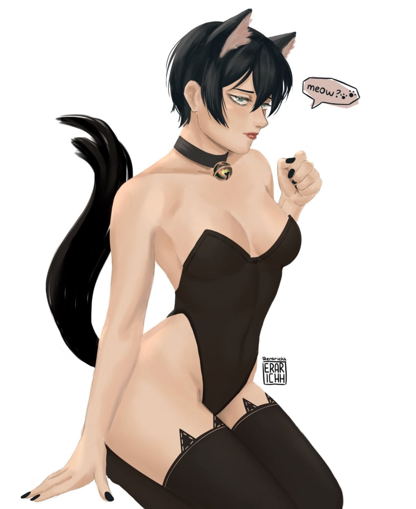 2d 2d_(artwork) artist_name artist_request artist_signature artwork_(digital) bare_arms bare_shoulders bare_thighs batman_(series) black_nail_polish black_nails boobs cat_ears cat_tail catwoman choker choker_bell cleavage collar dc dc_comics green_eyes kneehighs kneeling kneeling_down kneeling_female kneeling_on_ground kneeling_position leotard light-skinned_female light_skin lingerie on_her_knees on_knees pale-skinned_female pale_skin pixie_cut red_lipstick selina_kyle short_hair stockings submissive submissive_female tail text thighs tomboy vulva_line white_woman