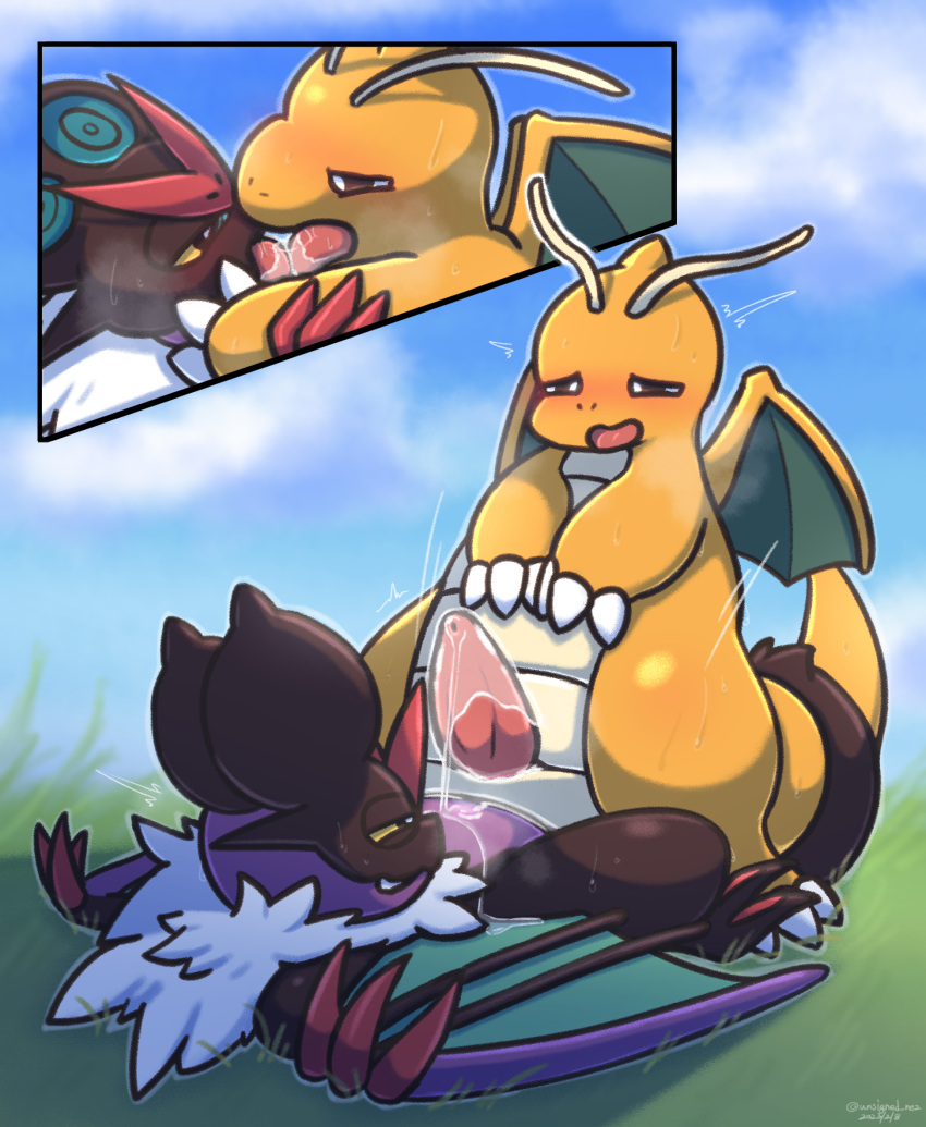 anal anal_sex animal_genitalia blush bodily_fluids claws cowgirl_position digital_media_(artwork) dragon dragonite dripping duo entwined_tails erection feral french_kissing from_front_position generation_1_pokemon generation_6_pokemon genital_fluids genitals grass half-closed_eyes hand_on_face hi_res kissing leaking_precum male male/male male_penetrated male_penetrating male_penetrating_male membrane_(anatomy) membranous_wings motion_lines narrowed_eyes nintendo noivern on_bottom on_top open_mouth orange_body penetration penis plant pokemon pokemon_(species) precum precum_drip precum_on_penis precum_string saliva saliva_on_tongue scalie sex sky tail tail_coil tapering_penis tongue tongue_out unsigned_nez wings