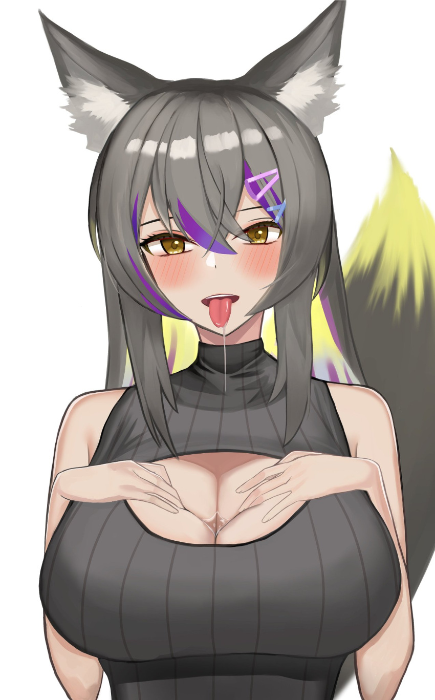 1girls ajigata_yunon animal_ears blush boob_window ether_(plzether) female female_only grey_hair hair_ornament light-skinned_female light_skin looking_at_viewer saliva saliva_on_breasts saliva_puddle simple_background sleeveless sleeveless_sweater solo sweater tail tongue tongue_out turtleneck turtleneck_sweater virtual_youtuber vrecord white_background wolf_ears wolf_girl wolf_tail yellow_eyes