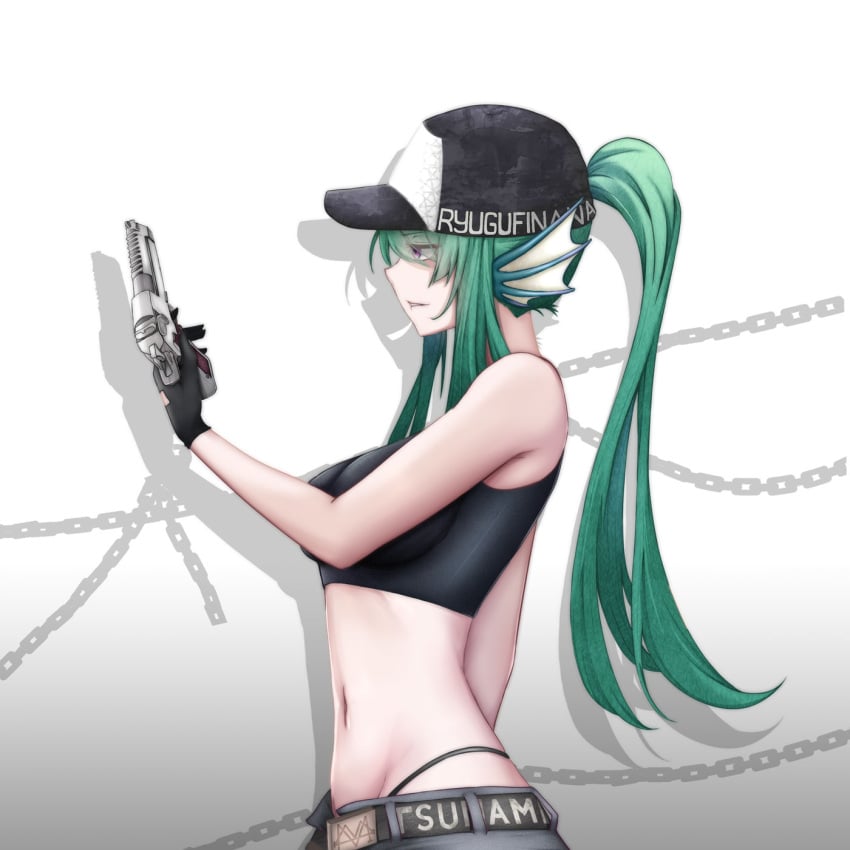 bare_shoulders baseball_cap crop_top desert_eagle female female_only finana_ryugu green_hair gun hat midriff navel nijisanji nijisanji_en ponytail streetwear thong virtual_youtuber