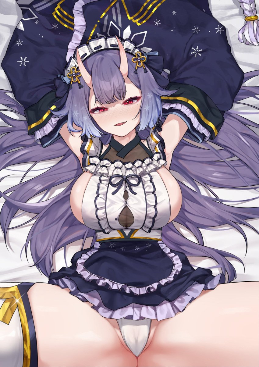 1girls bed_sheet bedroom_eyes big_breasts blush breasts chlales_parker detached_sleeves eyelashes_visible_through_hair female female_only headdress horns light-skinned_female light_skin looking_at_viewer nose_blush on_bed oni oni_female oni_horns panties purple_hair red_eyes shune_(vtuber) sideboob solo virtual_hertz virtual_youtuber white_bed_sheet white_panties