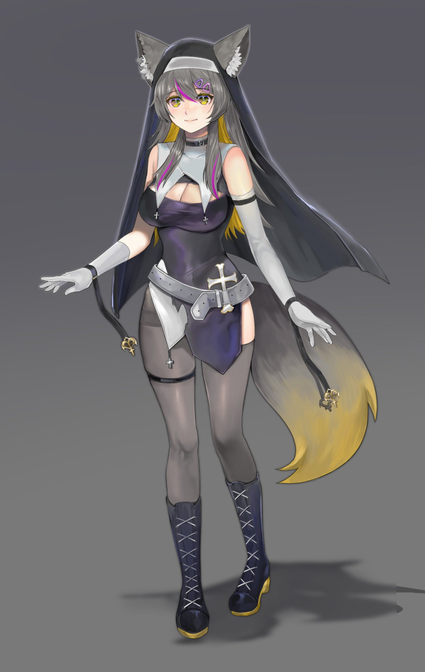 1girls ajigata_yunon boots cleavage clothed clothing eyebrows_visible_through_hair female female_only gloves grey_hair hair_ornament light-skinned_female light_skin najjo_(anns2_s2) nun smile solo tail virtual_youtuber vrecord white_gloves wolf_ears wolf_girl wolf_tail yellow_eyes