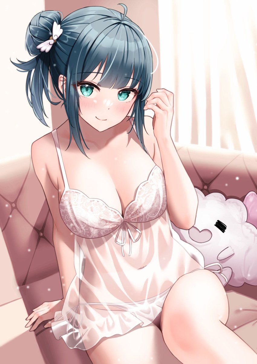 1girls amano_nene_(vtuber) belly_button belly_button_visible_through_clothing big_breasts blush breasts bun classic_(zildjian33) cleavage cyan_eyes cyan_hair eyebrows_visible_through_hair female female_only hair_ornament light-skinned_female light_skin looking_at_viewer panties plushie production_kawaii sitting sitting_on_sofa smile sofa solo virtual_youtuber white_panties