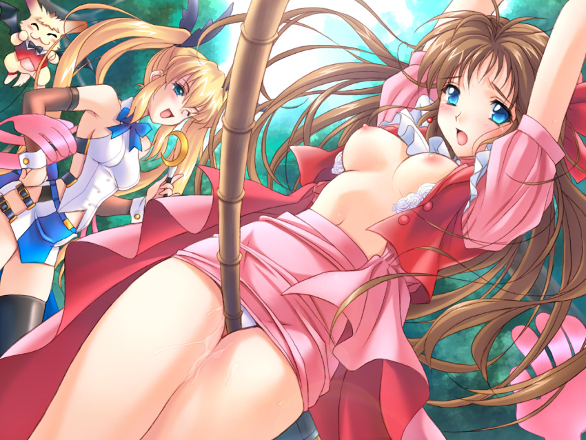 2girls bamboo blonde_hair blue_eyes breasts brown_hair duo eyebrows_visible_through_hair female female_only femdom game_cg hi_res human human_female long_hair masturbation multiple_girls non-web_source outdoors panties png rance_(series) rance_vi sour_(alicesoft) vaginal_juices white_skin witch yuri