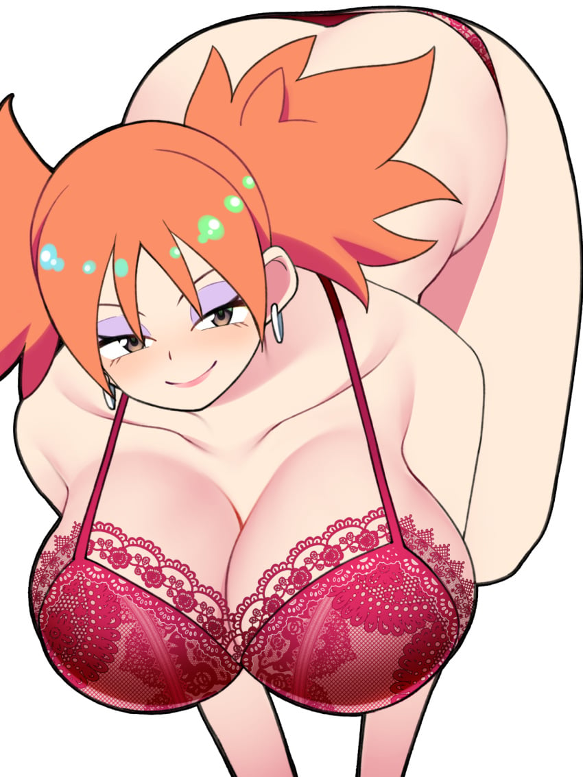 1girls all_fours ass bellupup bent_over big_ass big_breasts blush bra breasts breasts_bigger_than_head cleavage clothing ear_ring female huge_breasts iroaya_madoi large_breasts legs_together light-skinned_female matching_underwear mega_man mega_man_battle_network ms._madd orange_hair panties red_bra red_panties short_hair smile solo thick_thighs underwear wide_hips