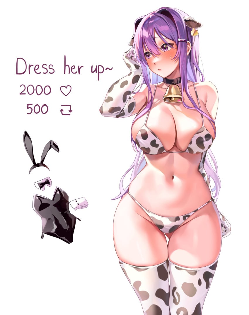 1girls animal_ears bell big_breasts bikini bikini_bottom breasts bunny_ears bunnysuit cleavage collar cow_bell cow_bell_collar cow_ears cow_print cow_print_bikini cow_print_thighhighs doki_doki_literature_club english_text female female_only girl heart_icon long_hair machulanko number numbers purple_eyes purple_hair retweet_icon solo solo_female solo_focus strip_game text thighhighs thighs white_background yuri_(doki_doki_literature_club)