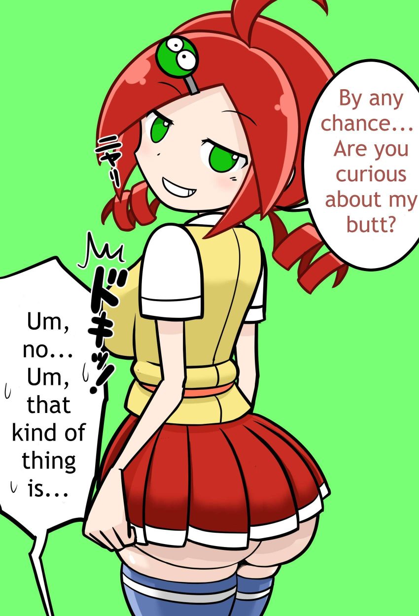 1girls andou_ringo ass_bigger_than_skirt big_butt drill_hair english_text green_eyes hairclip looking_at_viewer mori2suke puyo_puyo red_hair sasaki_maguro sega skirt smug sonic_team tagme teasing text translated twintails