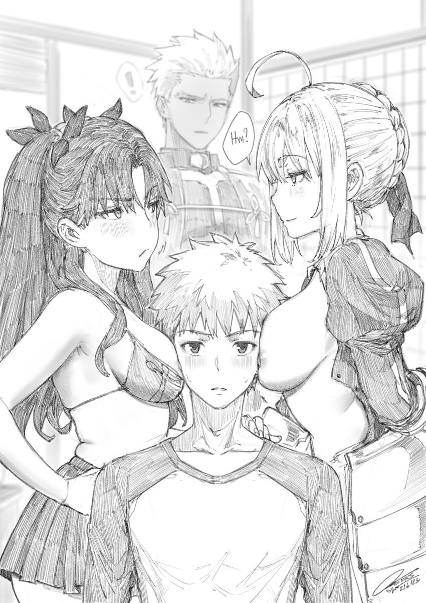 2boys 2girls absurdres alternate_breast_size archer_(fate) artoria_pendragon_(fate) bra breast_envy breast_focus breast_grab breast_press breasts emiya_shirou eye_contact fate/stay_night fate_(series) fkscrashing girl_sandwich greyscale hair_bun highres large_breasts looking_at_another medium_breasts monochrome multiple_boys multiple_girls nipples open_clothes pleated_skirt saber sandwiched skirt tohsaka_rin twintails underwear undressing