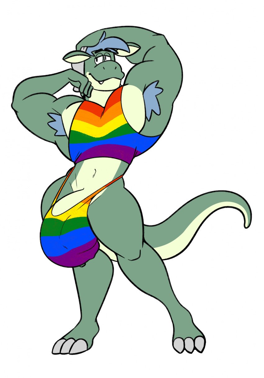 anthro big_bulge bulge clothing colelucario dragon genitals hi_res male multicolored_clothing muscular muscular_male oliver_(colelucario) penis rainbow_clothing simple_background solo white_background