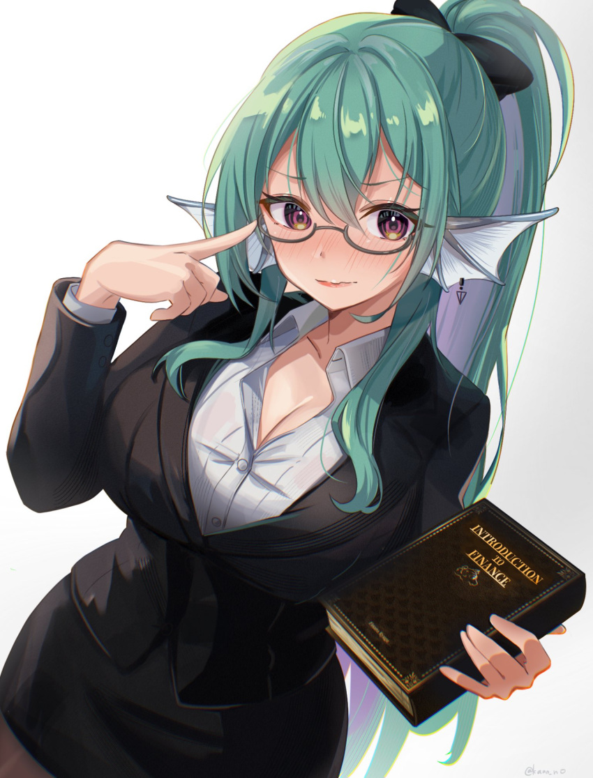 big_breasts breasts cleavage female female_only finana_ryugu glasses green_hair kano3 nijisanji nijisanji_en office_lady ponytail solo_female virtual_youtuber