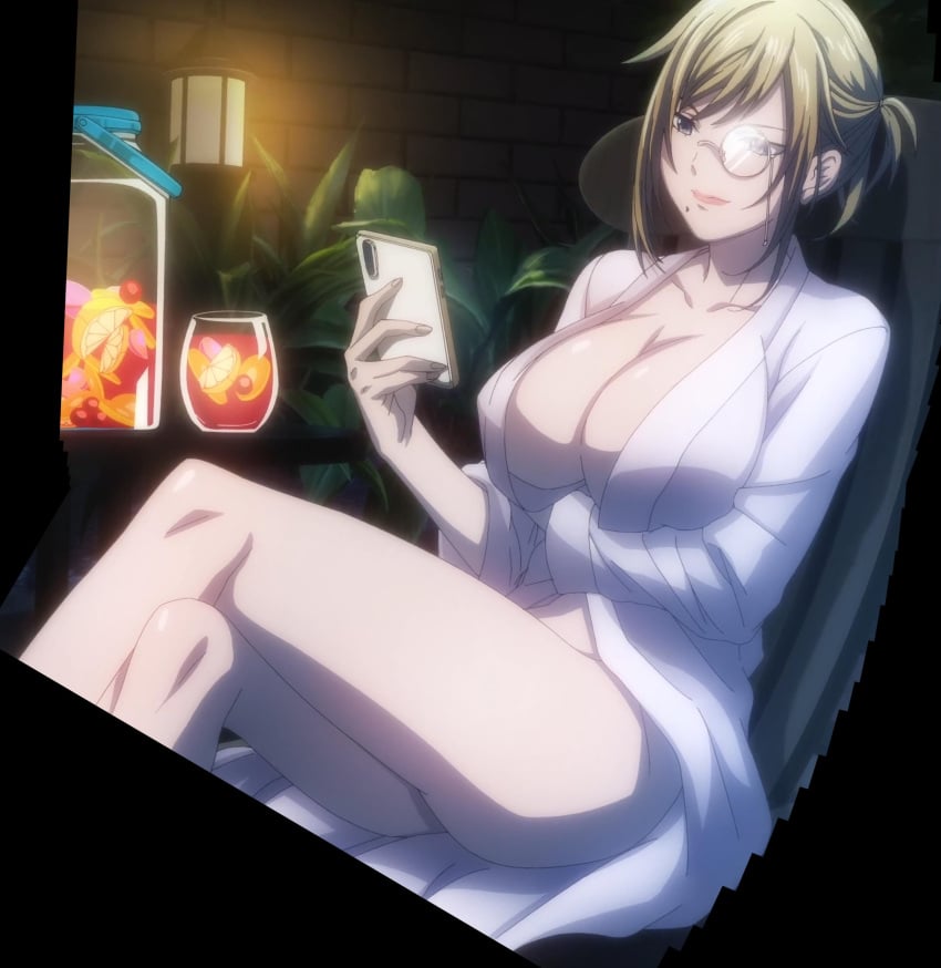 anime_screencap artist_request ass big_breasts blonde_hair breasts cellphone cleavage clothing dead_mount_death_play geek_toys holding_object kuraki_lisa large_breasts mature_female screencap screenshot square_enix stitched thick_thighs thighs