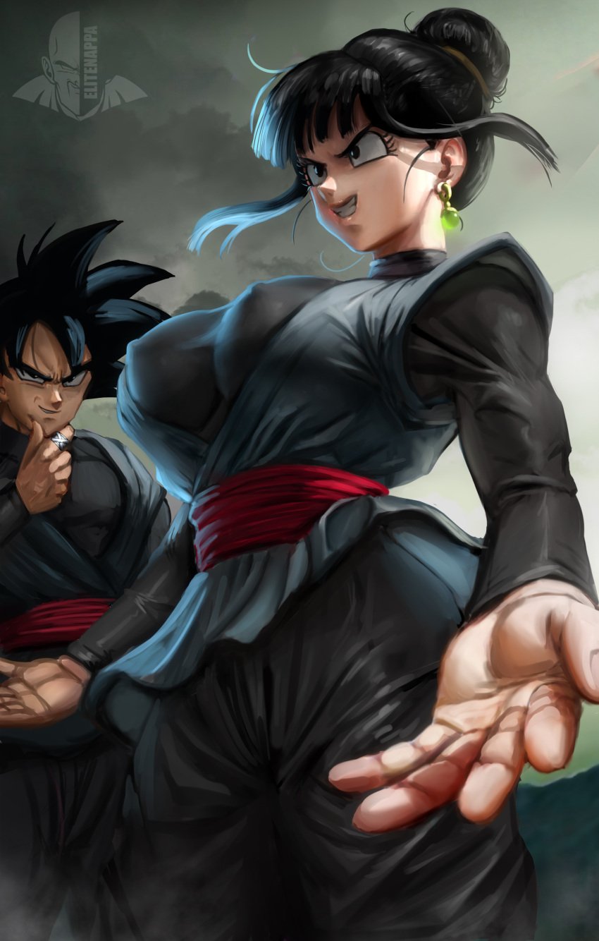 absurdres black_hair chichi chichi_black corruption covered_nipples dark_persona dragon_ball dragon_ball_super dragon_ball_z elitenappa evil_grin evil_smile goku_black grin highres jewelry potara_earrings ring smile time_ring