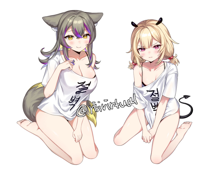 2girls ajigata_yunon animal_ears big_breasts blonde_hair blush cleavage duo eblis_choki female female_only grey_hair light-skinned_female light_skin looking_at_viewer pink_eyes pouting ririvirtual simple_background small_breasts smile t-shirt tail virtual_youtuber vrecord white_background wolf_ears wolf_girl wolf_tail yellow_eyes