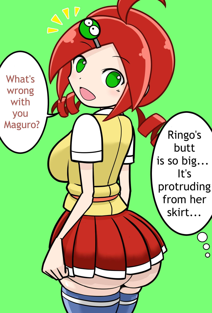 andou_ringo asking_a_question ass ass_bigger_than_skirt bubble_butt drill_hair english_text green_eyes hairclip mori2suke puyo_puyo puyo_puyo_7 puyo_puyo_fever red_hair sasaki_maguro sega skirt sonic_team tagme talking_to_viewer thighhighs translated