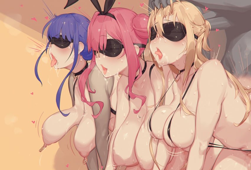 3girls ahe_gao assertive_male azur_lane black_blindfold black_choker black_one-piece_swimsuit blindfold bouncing_breasts braid breasts bremerton_(azur_lane) bremerton_(kung_fu_cruiser)_(azur_lane) brown_hair caisan choker commentary_request crossover femsub french_braid genshin_impact grabbing_another's_hair grey_hair hair_bun implied_sex large_breasts long_hair motion_lines multiple_girls nipple_piercing nipple_rings nipples nose_hook nude official_alternate_hairstyle one-piece_swimsuit open_mouth piercing pink_hair purple_hair raiden_shogun sex sex_from_behind simple_background slingshot_swimsuit straight submissive submissive_female sweat swimsuit sword_art_online tongue tongue_out yuuki_asuna