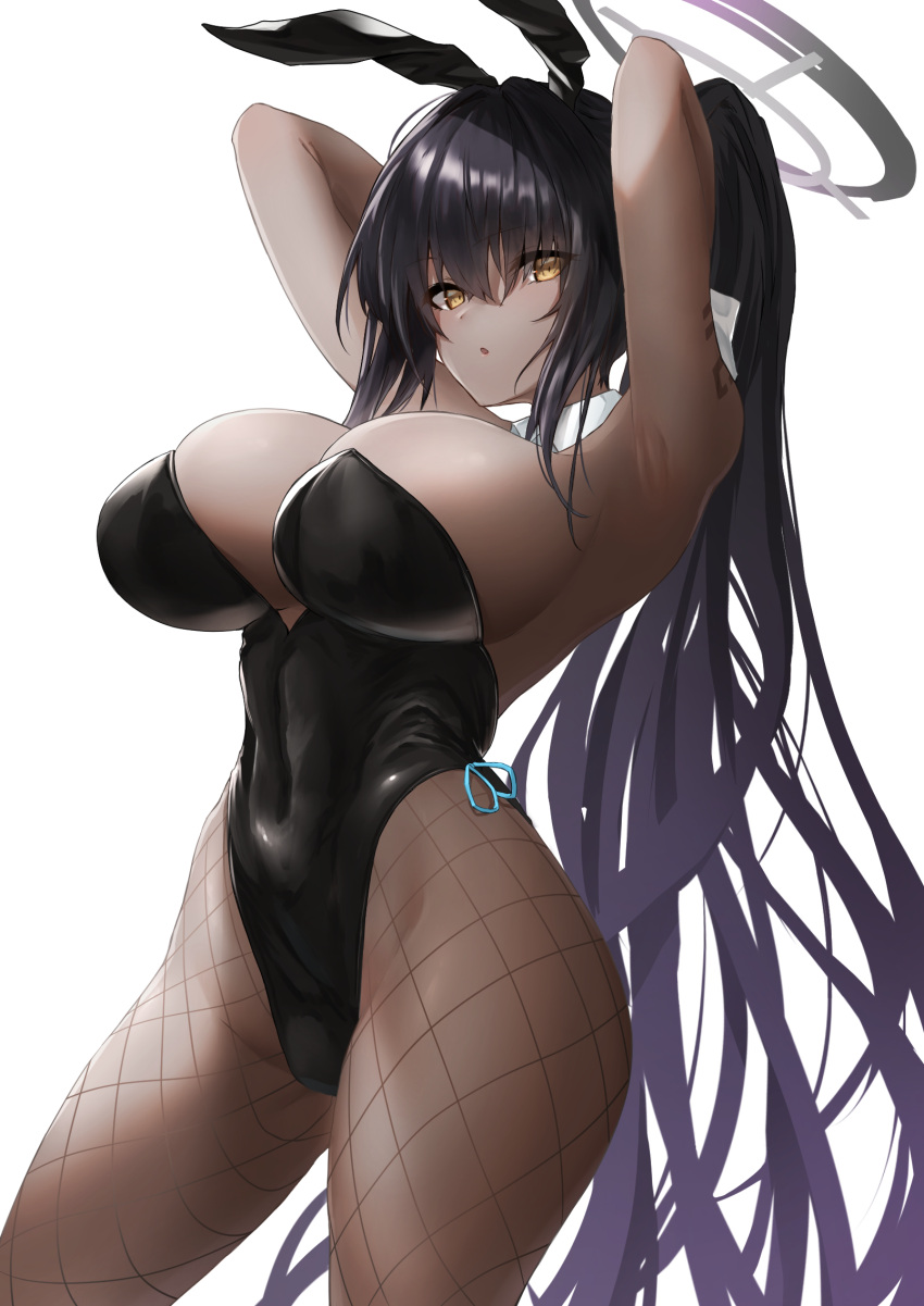 1girls 2021 adjusting_hair animal_ears armpits arms_behind_head bare_shoulders black_hair blue_archive breasts bunny_ears cleavage dark-skinned_female dark_skin detached_collar fake_animal_ears fishnet_pantyhose fishnets groin hair_between_eyes halo highleg highleg_leotard highres karin_(blue_archive) karin_(bunny)_(blue_archive) leggings leotard long_hair looking_at_viewer mogurii official_alternate_costume parted_lips playboy_bunny ponytail presenting_armpit rabbit_ears sideboob sidelocks simple_background solo strapless strapless_leotard white_background yellow_eyes