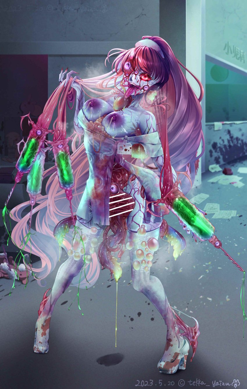 body_horror body_modification corruption deformation female high_heels large_breasts mid-transformation monsterification mutant navel nipples shakatsu syringe thick_thighs transformation wide_hips zombie zombie_girl zombification