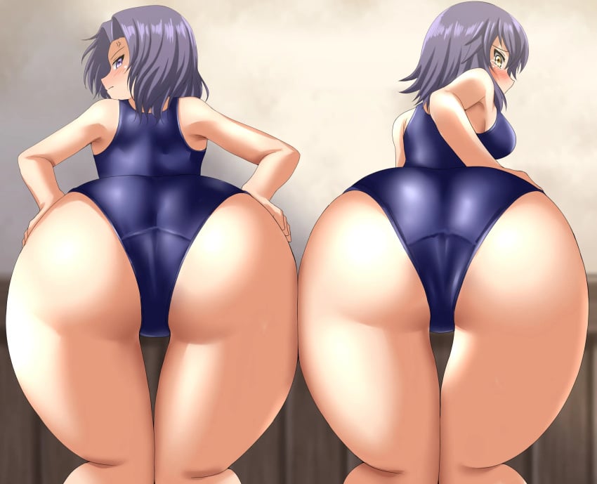 2girls anger_vein angry ass ass_focus big_ass blue_swimsuit blush female female_only hands_on_own_ass indoors kantai_collection large_ass legs looking_at_viewer looking_back_at_viewer nervous one-piece_swimsuit presenting_hindquarters purple_eyes purple_hair school_swimsuit shiny_hair shiny_skin short_hair siblings sisters tatsuta_(kantai_collection) tears tenryuu_(kantai_collection) thighs yellow_eyes zanntetu