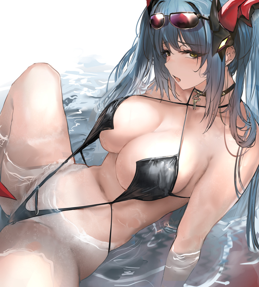 1girls alternate_costume azur_lane belly_button bikini black_bikini breasts female female_only green_hair hi_res horns huge_breasts iron_blood_(azur_lane) large_breasts liaowen light-skinned_female light_skin long_hair mechanical_horns official_alternate_costume regensburg_(azur_lane) regensburg_(dark_dragon,_brilliant_beach)_(azur_lane) sling_bikini solo sunglasses sunglasses_on_head swimsuit thighs twintails water wet wet_body yellow_eyes