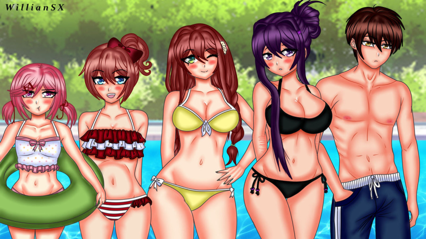 1boy 4girls artist_name bikini bikini_bottom bikini_top black_bikini black_bikini_bottom black_bikini_top blue_eyes blush blushing bow breasts brown_hair cleavage doki_doki_literature_club female green_eyes hair_bow hair_bun hairbow hairbun healed_scars innertube male mc_(doki_doki_literature_club!) monika_(doki_doki_literature_club) multiple_girls natsuki_(doki_doki_literature_club) pink_eyes pink_hair purple_eyes purple_hair sayori_(doki_doki_literature_club) scars swimming_trunks water willianxs yellow_bikini yellow_bikini_bottom yellow_bikini_top yellow_eyes yuri_(doki_doki_literature_club)