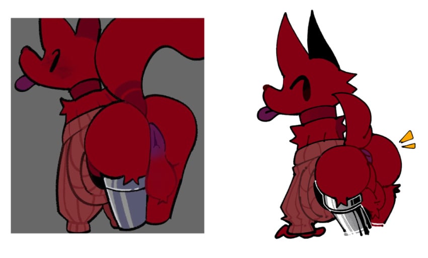 anthro anus ass backsack balls big_butt blep blush canid canine clothing collar cowo dogguyd fur genitals looking_at_viewer looking_back male mammal multicolored_body multicolored_fur original_character purple_body red_body red_clothing red_fur redraw robotic_leg solo sweater tongue tongue_out topwear two_tone_body two_tone_fur