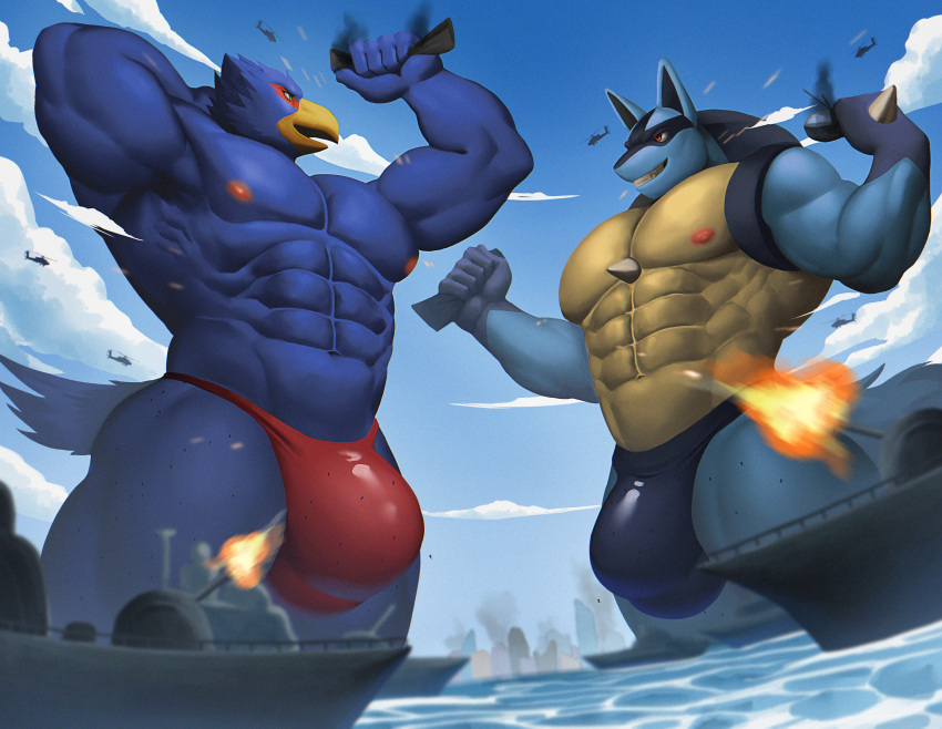 2023 absurd_res aircraft airplane anthro avian bird blue_body blue_fur bulge canid canine city clothing destruction detailed_bulge duo falco_lombardi fur generation_4_pokemon genitals green_eyes helicopter hi_res lucario macro male male/male mammal muscular muscular_male nintendo outside pecs pokemon pokemon_(species) purpledragonrei red_eyes sea seascape ship sky speedo spikes spikes_(anatomy) star_fox swimwear vehicle water watercraft