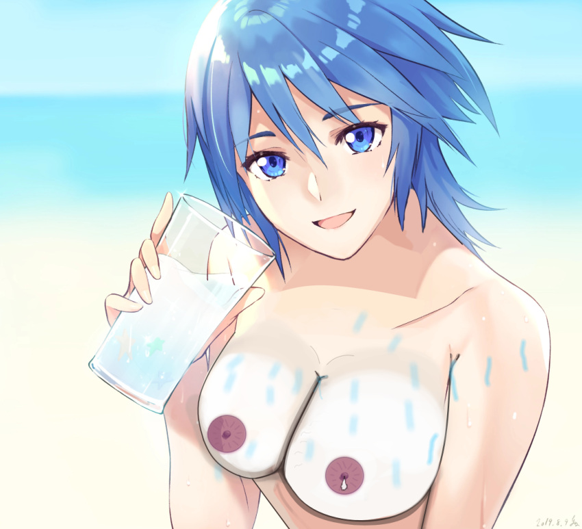 2019 aqua_(kingdom_hearts) beach big_breasts blue_eyes blue_hair dark_nipples edit edited_image glass_of_water gogo_(artist) holding_glass kingdom_hearts kingdom_hearts_birth_by_sleep non-web_source square_enix