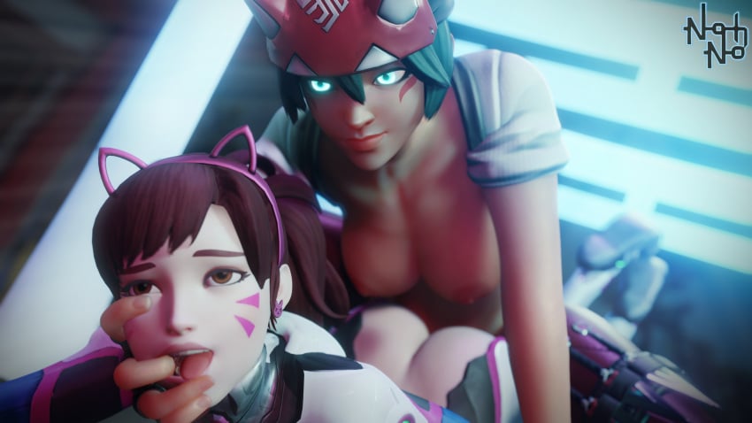 1futa 1girl1futa 1girls 3d ahe_gao ass blender blender_(software) blizzard_entertainment breasts brown_hair cat_ears d.va face_markings female finger_in_another's_mouth fingerless_gloves futa_on_female futanari glowing_eyes green_hair hana_song implied_futanari kiriko_(overwatch) medium_breasts nohno overwatch overwatch_2 penis ponytail sex sex_from_behind