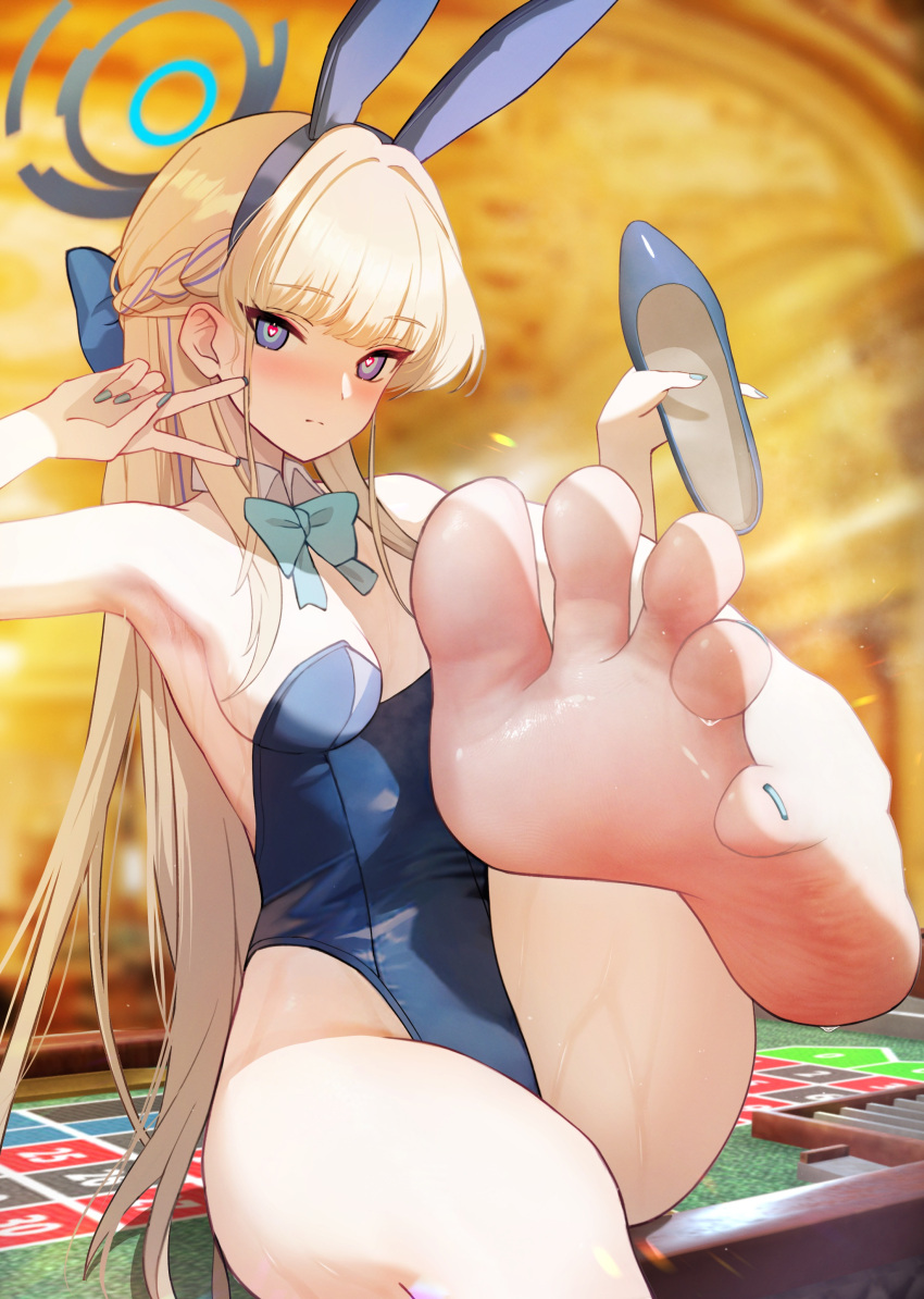 barefoot blonde_hair blue_archive bunny_ears bunny_girl bunnysuit casino feet flexible_toes foot_fetish foot_focus heart-shaped_pupils looking_at_viewer pinky_toe presenting_feet shoes_removed soles sweat sweatdrop tagme toes toki_(blue_archive) toki_(bunny)_(blue_archive) ursica