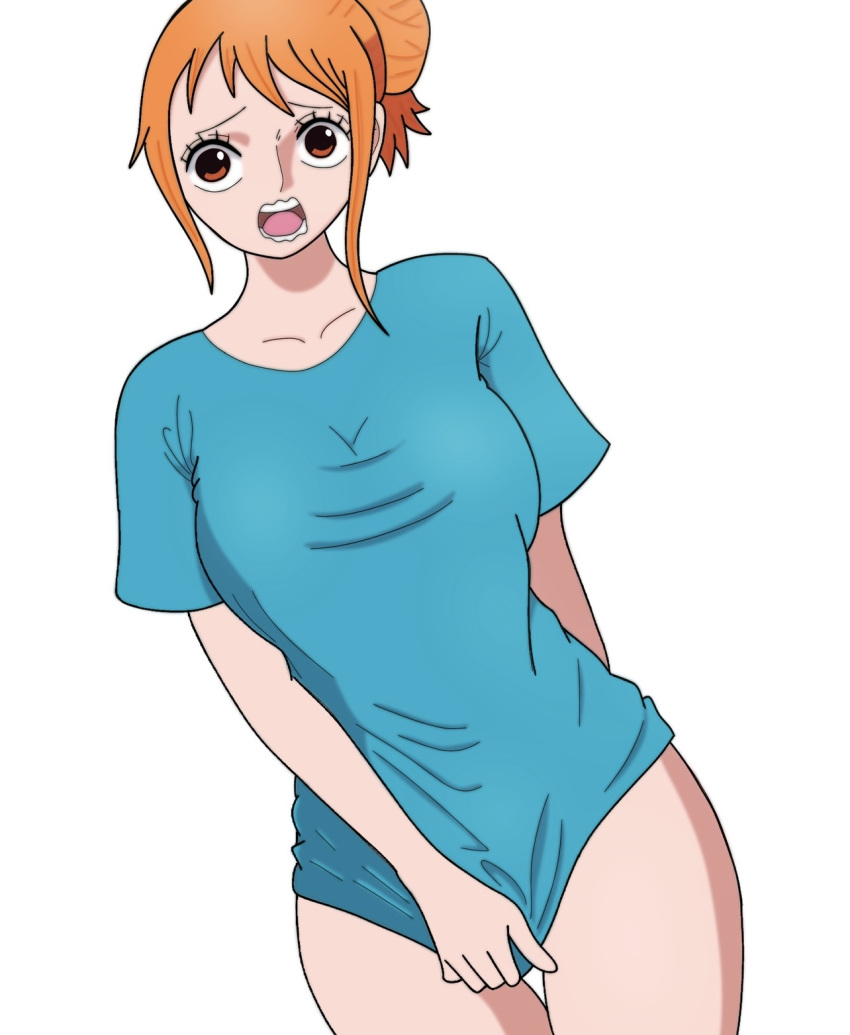 artist_request baggy_clothing bottomless female female_only implied_nopan nami nami_(one_piece) no_panties one_piece post-timeskip shirt shirt_tug thighs