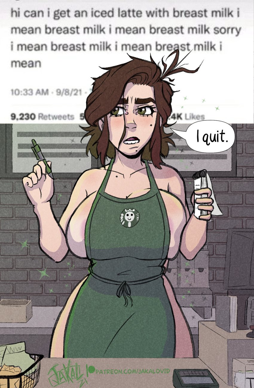 1girls apron barista breast_expansion brown_hair casual clothing coffee female hourglass_figure huge_breasts human iced_latte_with_breast_milk jakal63 lactation large_breasts milk naked_apron outerwear pale_skin public short_hair starbucks