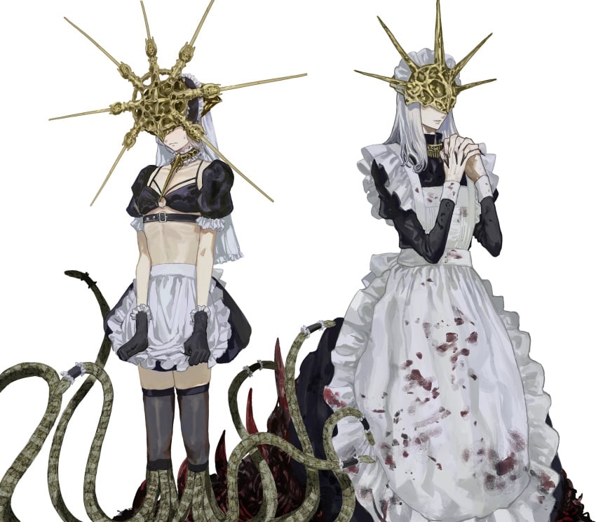 2boys aldrich,_the_devourer_of_gods alternate_costume androgynous apron black_bra black_gloves black_legwear black_thighhighs blood blood_stain bra canon_crossdressing choker collar covered_eyes crossdressing dark_souls dark_souls_3 dark_sun_gwyndolin deity dual_persona embarrassed femboy frills fromsoftware fully_clothed gloves gold_(metal) harness helmet long_fingernails long_hair_male maid maid_headdress maid_uniform male male_only mask masked masked_male monster_boy nylons otoko_no_ko pale-skinned_male pale_skin ribs sharp_fingernails skinny snake snakes sweatdrop thighhighs veil waist_apron white_hair