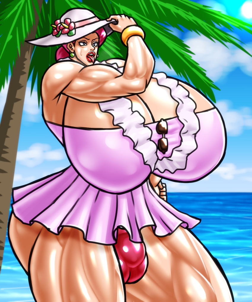 1futa big_breasts breasts bulge clothed clothing flaccid fully_clothed futa_only futanari gigantic_breasts huge_breasts human jessie_(pokemon) large_breasts light-skinned_futanari light_skin muscular_arms muscular_futanari muscular_thighs negoto_(nego6) pantie_bulge paradise penties pokemon solo standing swimwear thick_thighs tongue tongue_out vacation wide_hips