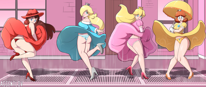 4girls accidental_exposure ass ass_focus assentlov background blonde_hair blue_eyes blue_panties blush brown_hair crown earrings euf exposed_ass female female_only full_body high_heels mario_(series) multiple_girls nintendo open_mouth orange_hair orange_panties orange_shoes panties pantyshot pauline pink_panties pink_shoes princess_daisy princess_peach princess_rosalina rear_view red_hat red_panties red_shoes shadow shimapan standing striped_panties super_mario_bros. super_mario_odyssey surprised thighs umbrella underwear upskirt white_shoes wind_lift window windy_dress