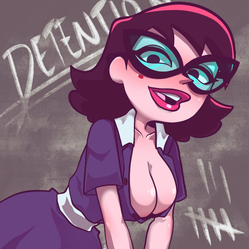 1girls blue-tinted_eyewear breasts cartoon_network chalk chalkboard cleavage drawfag drawthread_request dress eleanor_butterbean english_text female female_only girl glasses leaning_back leaning_forward presenting_cleavage purple_dress showing_off solo solo_female solo_focus tally_mark tally_marks teacher text the_grim_adventures_of_billy_and_mandy tinted_eyewear