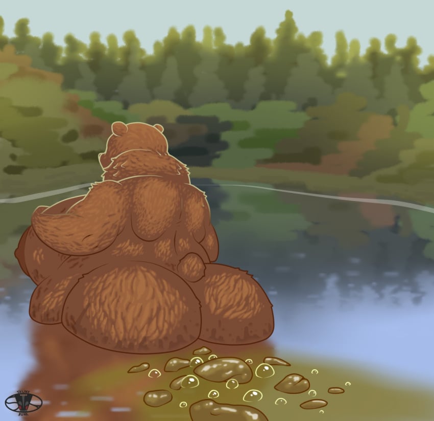 anthro ass bear big_butt brown_bear bubble casual_nudity day fart fart_bubbles farting_underwater fat_bear fat_belly feces female half_submerged hi_res lake light mammal nude obese obese_anthro obese_female overweight overweight_anthro overweight_female partially_submerged plant scat scenery skunk_bunk small_tail solo standing_in_water sunlight tail tree ursine water