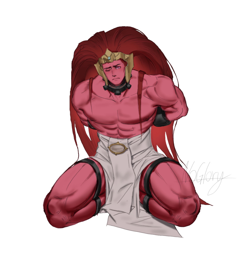 1boy arms_behind_back bara bara_tiddies bara_tits chaos_(warhammer) collar hands_behind_back kneeling kneeling_male long_hair long_hair_male magnus_the_red male_focus muscular muscular_male ng_hamburger primarch purple_eyes red_hair red_skin restraints solo_male thousand_sons underwear_only warhammer_(franchise) warhammer_40k