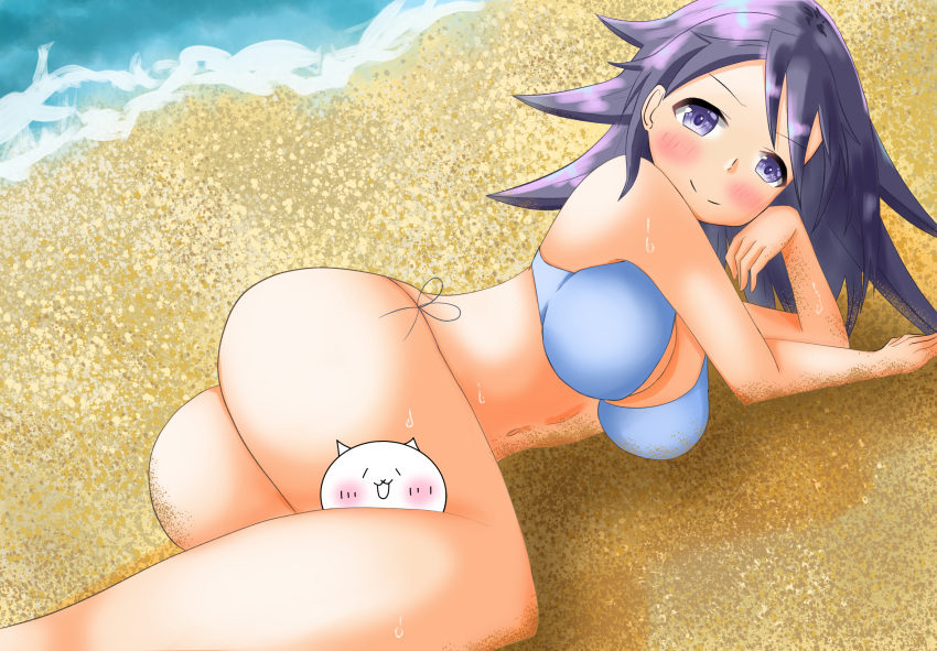 1girls ass beach belly blue_bikini blush bow_tie cat_(battle_cats) ear firm_breasts grey_hair head_on_hand head_on_leg highres large_breasts laying_on_side long_hair purple_eyes sand sand_on_skin shoulder smiling_at_viewer string_panties sweat the_battle_cats thick_thighs thundia tight_bottomwear water