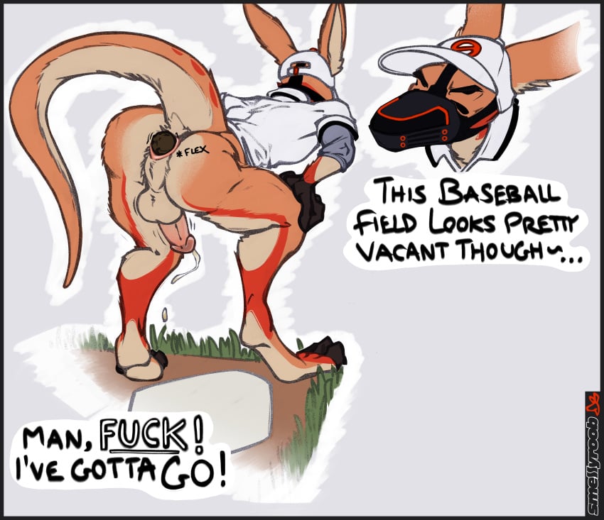 absurd_res anthro anus ass baseball_cap baseball_uniform bent_over bodily_fluids clothing crouching dialogue dripping erection exhibitionism feces gaping gaping_anus genital_fluids genitals hat headgear headwear hi_res kangaroo macropod male mammal marsupial motion_lines muzzle_(disambiguation) muzzle_(object) muzzled penis perineum pooping_on_floor precum precum_drip profanity pubes rear_view scat scat smellyroob solo speech_bubble sportswear uniform urine_drip