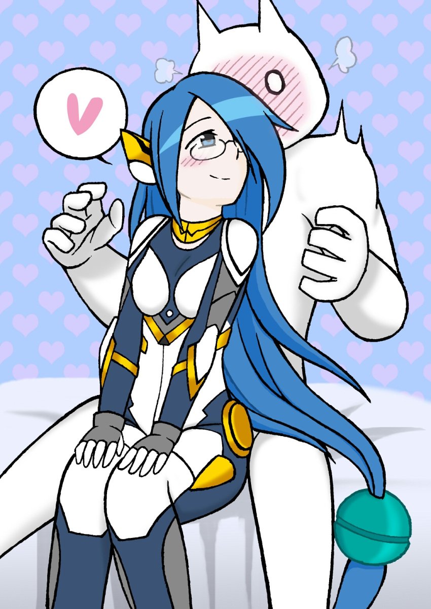 1boy 1girls arms_up blue_eyes blue_hair blush clothed_female_nude_male collar coppermine_(battle_cats) ear_ornament extremely_long_hair female glasses hair_ornament hands_on_knees happy_female heart highres horny_female horny_male light-skinned_female light_skin looking_at_partner looking_back_at_partner male merceong plugsuit shocked_expression shoulder_pads sitting_between_legs sitting_on_bed small_breasts smaller_female smiling_at_partner steam suggestive_look the_battle_cats titan_cat white_skin